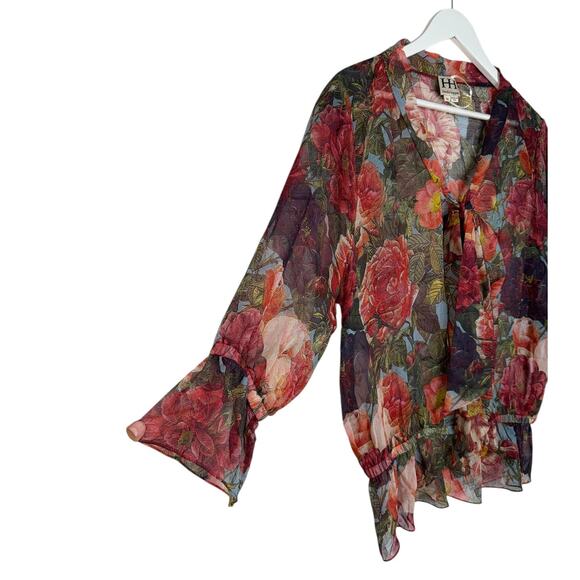 NWOT Haute Hippie 100% Silk Sheer Floral Blouse Ruched Hem Tie Neck Size Medium - Picture 6 of 11